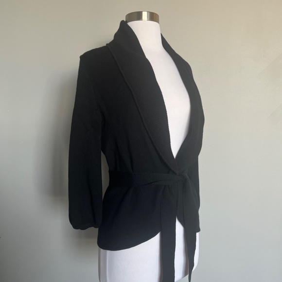 BCBG Maxazria Open Sweater Women Black 100% Merino Wool Belted Kimono Cardigan S - Picture 7 of 11